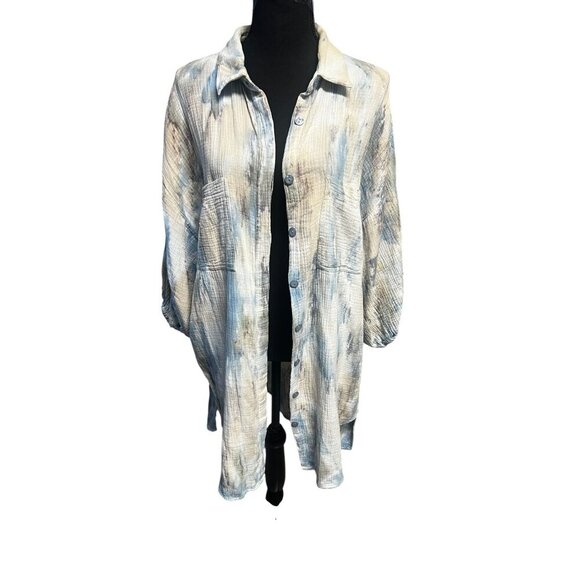YFB Womens Button-Down Tie-Dye Textured Shirt Long Sleeve Collared Lightweight C - Picture 1 of 10